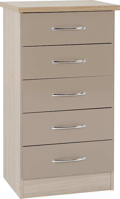 Nevada 5 Drawer Narrow Chest In Oyster Gloss & Light Oak Effect